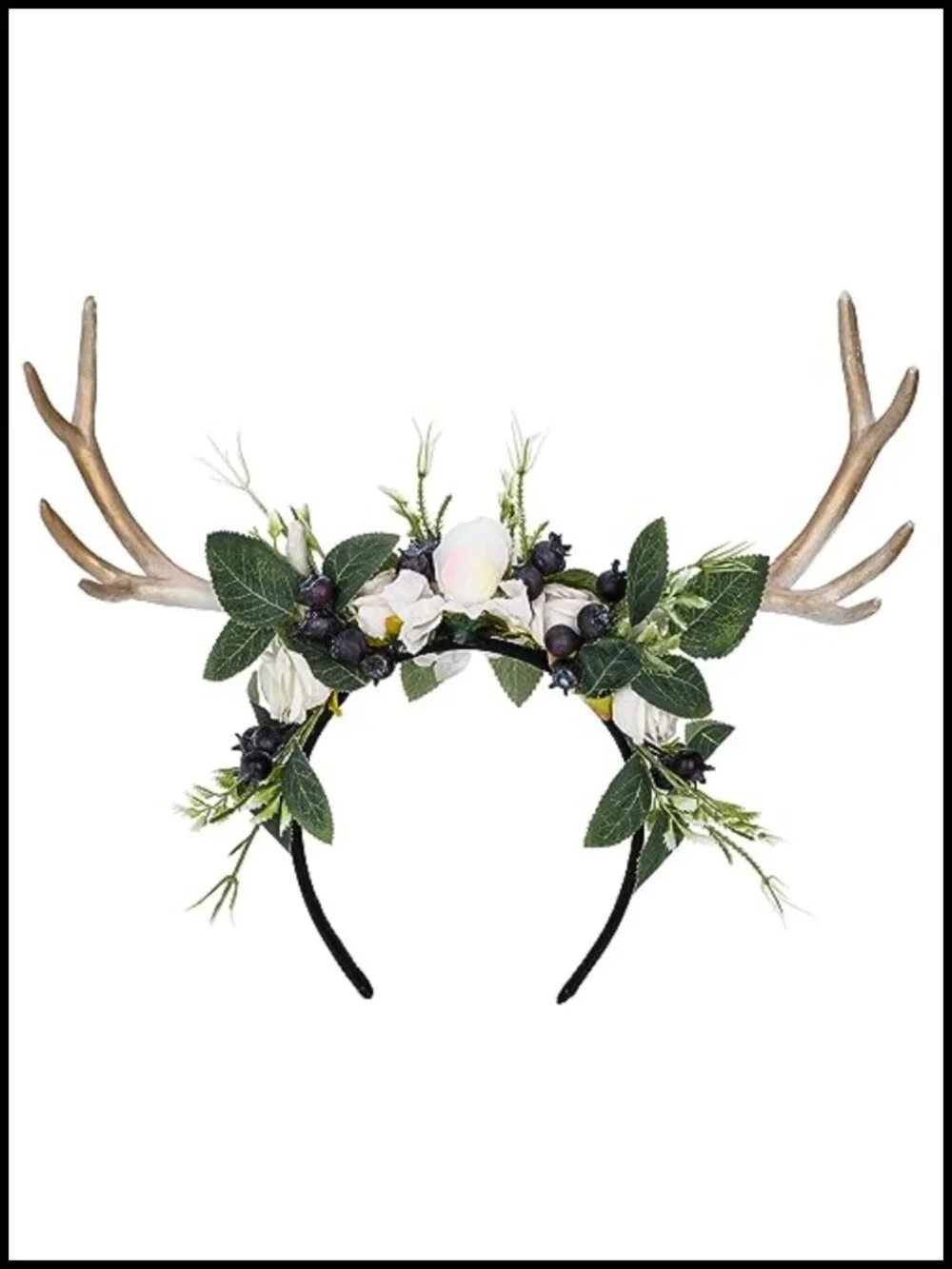 Handmade Deer Horns Headband with Flowers and Berries for Halloween Cosplay Prom